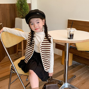 艾摩贝贝女童宝宝洋气条纹开衫，马甲秋儿童，韩版无袖外套单排扣坎肩