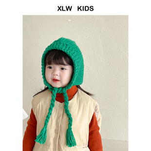 经典款简约纯色儿童针织帽子男女童，护耳套头帽，韩版秋冬宝宝毛线帽