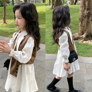 女童尖领长款衬衫，白色连衣裙20234年春款童装，咖啡色儿童马甲外套