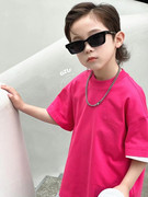 韩国童装韩货玫红色T恤搭五分牛仔裤024夏儿童中大童炸街街舞