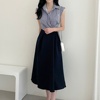 韩国chic复古气质时尚条纹拼接假两件收腰衬衫式无袖连衣裙