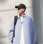 日系蓝白条纹长袖衬衫男2024春季衬衣港风高级感休闲情侣外套