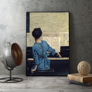 弹钢琴的少女背影复古印象风格装饰画油画布喷印网红拍照摆件挂画