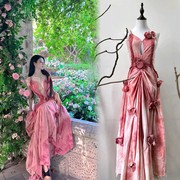 第二次心跳/原创设计24ss定制粉色玫瑰v领扎染抽褶吊带长裙礼服