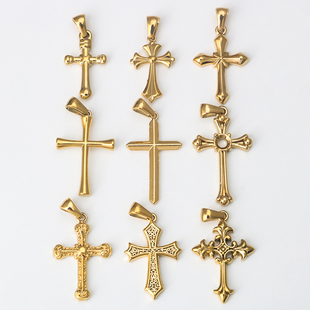 不锈钢简约18k金色多样十字架吊坠，手链项链配饰，钛钢diy饰品配件