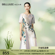 BBLLUUEE/粉蓝衣橱雅致东方金丝提花礼服裙2024春装短袖A字连衣裙