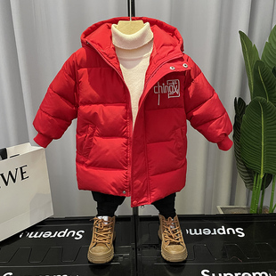 男童棉服冬季中长款加厚棉衣，2023红色拜年宝宝儿童羽绒棉外套