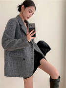 灰色羊毛呢子西装厚外套女2023秋冬高级感小个子短款流行大衣