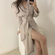韩国chic秋季法式气质翻领单排扣绑带收腰显瘦中长款衬衫连衣裙女