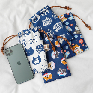 日系和风蓝色系束口手机，包女中青年棉布抽带手机套充电宝收纳袋