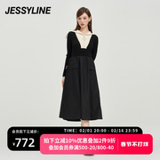 jessyline2023秋季杰茜莱拼接收腰长款连衣裙，334111218
