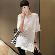 韩国版型设计简约百搭垂感宽松中长款纯色，短袖t恤衫女夏装莫代尔