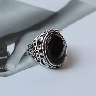 925纯银小众设计复古做旧黑玛瑙戒指男夸张个性宽版开口指环食指