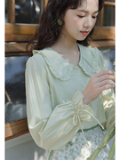 绿色木耳边娃娃领长袖衬衫女2023春季法式小个子甜美洋气上衣