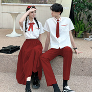 短袖男女白色衬衫，红色裤子半身裙制服套装初高中小学生毕业班服夏