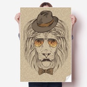 英伦风戴帽子绅士狮子动物海报贴纸80x55cm墙贴纸卧室家居装饰