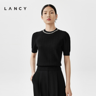 lancy朗姿2024春夏灯笼袖亮钻修身打底女短法式短袖针织衫上衣