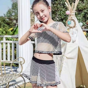 分体可爱女童比基尼泳衣网纱三件套韩国2021年中大童女孩泳装