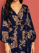 欧美风时尚保守迪拜风长袖连衣裙度假风复古长裙花朵旅游泡泡袖