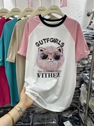 粉色插肩短袖t恤女夏季美式宽松亮片猫咪重磅印花欧货大版上衣潮
