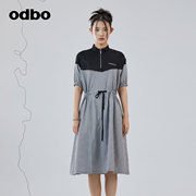 odbo/欧迪比欧时尚气质短袖拼接格纹连衣裙女夏季收腰A字裙子