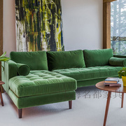 欧式多人位转角沙发 后现代绿色绒布L型沙发小户型简约沙发