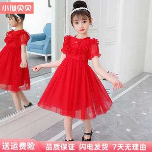 女童连衣裙红色夏装儿童，白纱公主裙宝宝六一节，钢琴演出生日小礼服