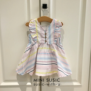 1-6岁女童纯棉梭织，棉彩色条纹，blingbling银线两侧口袋连衣裙