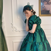 2021设计师款娃娃裙气质宽松大摆裙高级感绿色方领泡泡袖连衣裙新