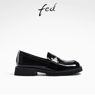 fed黑色皮鞋春季女鞋深口单鞋粗跟厚底乐福鞋女款D0125-YA537