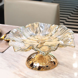 奢华水晶玻璃水果盘，美式欧式客厅家用金色荷花糖果盘乔迁摆件