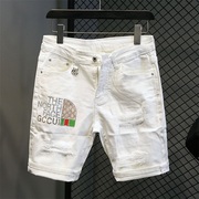 夏季薄款牛仔短裤男白色烫钻五分，欧版潮流修身中裤子破洞休闲马裤