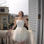  古典芭蕾抹胸收腰礼服短裙女2024夏季纯欲白色蕾丝连衣裙子