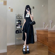 赫本风法式黑色吊带连衣裙收腰显瘦设计感夏不规则假两件衬衫裙子