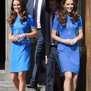 凯特王妃同款连衣裙2024夏时尚，蓝色通勤白领，ol休闲圆领淑女
