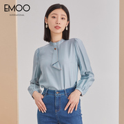 EMOO杨门秋装纯色飘带立领宽松长袖衬衫女雪纺气质小衫