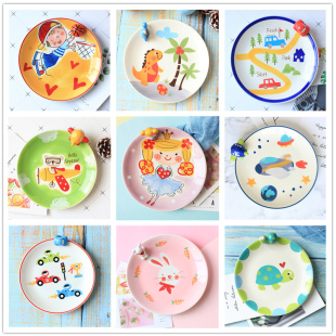 泰国进口卡通儿童陶瓷，餐具可爱盘子早餐平盘，家用餐具圆形创意菜盘