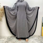 中东土耳其时尚拼接雪纺优雅宽松穆斯林长袍蝙蝠袖连衣裙