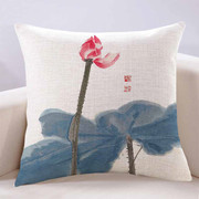 新中式水墨画荷花棉麻抱枕，亚麻中国风红木，沙发客厅靠垫套不含枕芯