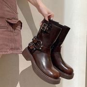 复古棕色马丁靴元单品质精湛法式皮带扣粗跟机车靴西部牛仔靴