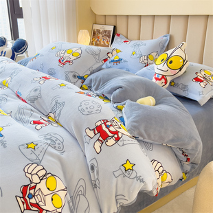 奥特曼卡通牛奶绒，四件套珊瑚法兰绒床单，床笠被套儿童床上用品冬季