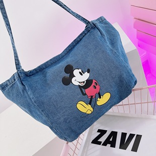 ZAVI原创 深蓝色复古老鼠牛仔大包 卡通童趣单肩包购物旅行妈咪袋