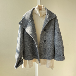 灰色双面羊绒大衣女短款韩版小个子2022秋冬羊毛小众立领设计外套