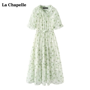 拉夏贝尔lachapelle绿色，木耳边碎花连衣裙，女夏季气质雪纺裙子