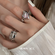 灰色轨迹s925纯银食指戒指，女重工打造酷帅粉锆石爱心开口指环