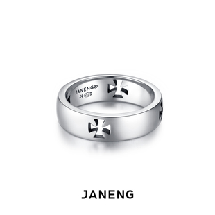 janeng追岸925纯银镂空骑士十字，造型弧面戒指，男士机车风格指环