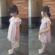 外贸韩国童装19夏淑女气质萝莉粉双边条飞飞袖雪纺女童洋装连衣裙