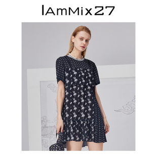 iammix27夏季短袖连衣裙女圆领，不对称蕾丝拼接假两件荷叶边雪纺裙