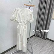 英英Chili气质V领泡泡袖收腰100纯棉连衣裙YMM 03.28