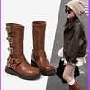 法国Fad Sincgo女童鞋子儿童长筒高筒长靴秋冬季加绒黑色皮靴洋气